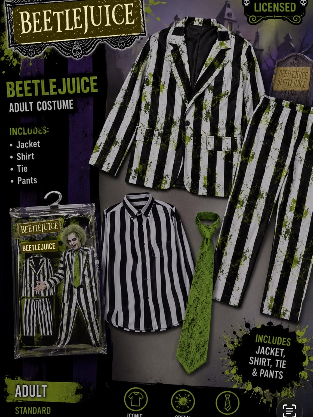Beetlejuice Men's Black & White Striped Costume Jacket, Shirt, Pants & Green Tie